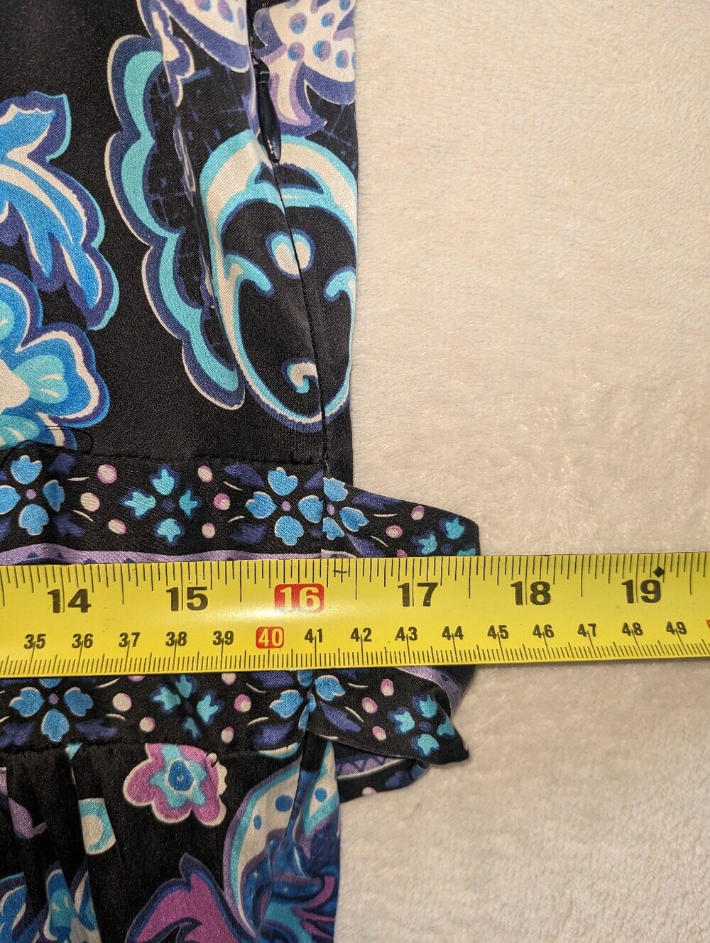 ECI Black V-Neck Midi Dress with Blue & Purple Floral Border Silk Blend Size12 - Picture 11 of 12